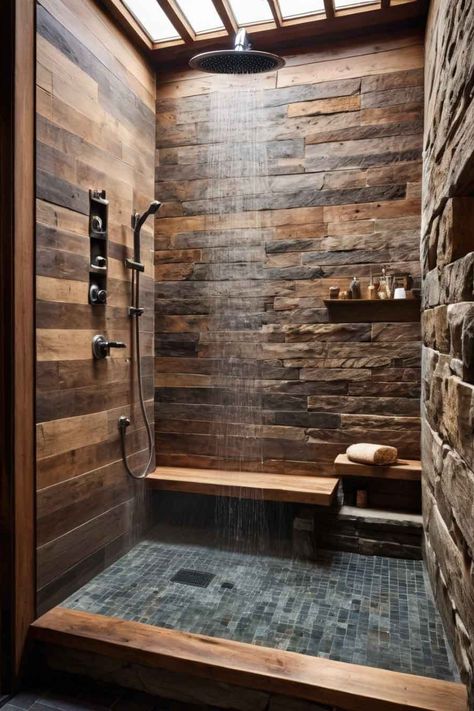 Rustic walk-in shower with a combination of wood and stone design, featuring a rainfall showerhead and modern fixtures. Shower With Color Tile, Master Bath Theme Ideas, Shower With Wood Beams, Walk In Shower No Door Rustic, Master Bathrooms With Walk In Showers Stone, Modern Rustic Master Bath Ideas, Rustic Corner Shower Ideas, Modern Rustic Interior Design Bathroom, Large Shower Ideas Master Bath Farmhouse