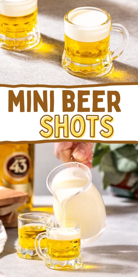 Top view shows Mini Beer Shots with yellow liquid on the bottom and a layer of opaque white on top in a mini shot glass shaped like a beer mug. Underneath that top photo is text that says "Mini Beer Shots", and at the bottom is a shot showing a hand pouring cream from a cream pitcher onto the top of the yellow liqueur in the shot glasses. Beer Shots Recipe, Alcoholic Shots For A Party, Mini Beers Shots, Thanksgiving Shots Alcohol, Mini Beer Shots Recipes, 2 Ingredient Shots, Jello Shots That Look Like Beer, Yellow Shots Alcohol Recipes, Butterbeer Shots Harry Potter