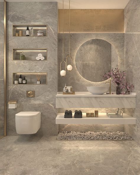 BATHROOM AT PALM HILLS VILLA on Behance Big Niche Decor Ideas, Resort Style Bathroom Ideas, Modern Bedroom Bathroom, Modern Cloakroom Ideas, Japandi Bathroom Sink, Brown Tiles Bedroom, Behance Bathroom Design, White Bathroom Design Ideas, Posh Bathroom Ideas