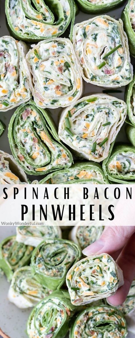 Bacon Spinach Roll Ups are quick and easy appetizer to serve at holidays or parties. Tortilla pinwheels are a great appetizer, snack or lunch. Christmas Pinwheels Appetizers, Lunch Pinwheels, Tortilla Roll Ups Appetizers, Spinach Tortilla Wraps, Pinwheel Sandwich Recipes, Breakfast Pinwheels, Tortilla Rollups, Italian Pinwheels, Spinach Roll Ups