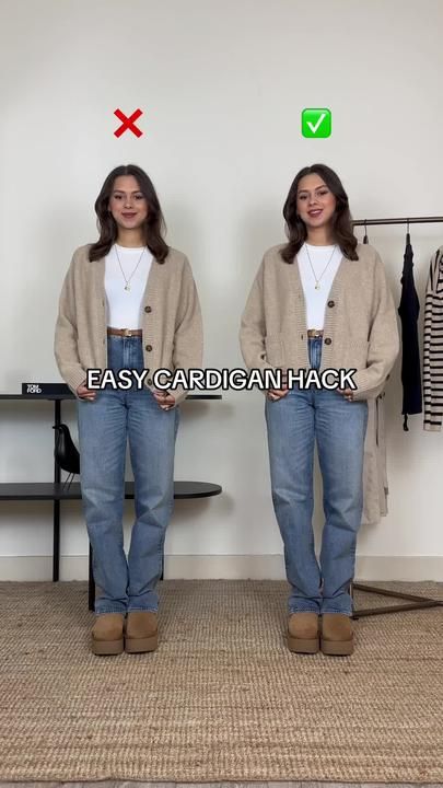 Bo Brown op TikTok Cardigan Hacks, Cropped Cardigan Outfit, How To Style A Cardigan, Crop Cardigan Outfit, Sweater Hacks, Open Back Sweater, Diy Clothes Hacks, Smart Casual Women, Shirt Hacks