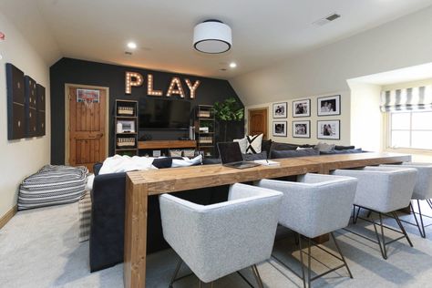 Bedroom Into Game Room, Basement Living Ideas, Small Basement Set Up Ideas, Playroom Theatre Room Combo, Game And Office Room Ideas, Neutral Man Cave, Modern Farmhouse Rec Room, Bonus Room Nook Ideas, Basement Living And Playroom