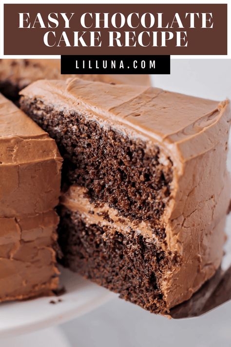 This deliciously easy chocolate cake recipe is topped with homemade chocolate frosting. This 2-layer cake is simple and decadent! #easychocolatecake #chocolatecake #chocolate #cake #twolayerchocolatecake Easy Chocolate Cakes Recipes, Allrecipes Chocolate Cake, Yummy Chocolate Cake Recipes, Natasha’s Kitchen Chocolate Cake, Chocolate Butter Cake Recipe, Quick Easy Chocolate Cake, Easy Homemade Chocolate Cake Recipe, Chocolate Birthday Cake Recipe Homemade, Chocolate Cake No Coffee