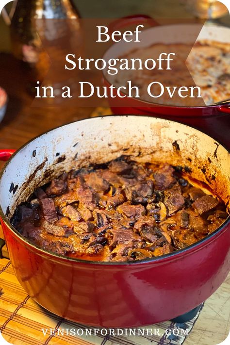 Beef Stroganoff in a Dutch Oven Beef Stroganoff In Dutch Oven, Beef Stroganoff Oven Recipe, Beef Stroganoff In Oven, Tough Beef Recipes, Dutch Oven Stroganoff, Dutch Oven Beef And Noodles, Beef Stew Meat Recipes Dutch Oven, Stew Meat Recipes Dutch Oven, Sirloin Tip Roast Dutch Oven