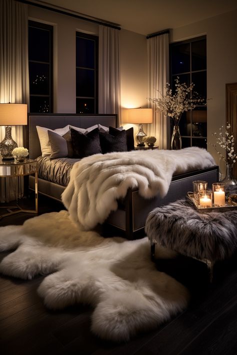 Room Inspo Luxury Aesthetic, White Fur Rug Bedroom, Luxury Fur Bedding, Aesthetic Fancy Bedroom, Luxury Chic Bedroom, Black Bedroom Women, Fancy Home Aesthetic, Calm Luxury Bedroom, Glam Bedroom Decor Luxury Classy Vintage