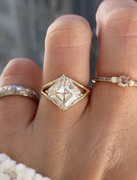 caption:Shown with 4ct Asscher cut diamond Wide Cathedral Engagement Ring, Digby And Iona Engagement, Emerald Ring Marquise, Emerald Unique Engagement Rings, Dome Wedding Band With Engagement Ring, Split Setting Engagement Ring, Unique Engagement Rings Non Traditional White Gold, Rotated Princess Cut Engagement Ring, Unique Engagement Ring Cuts