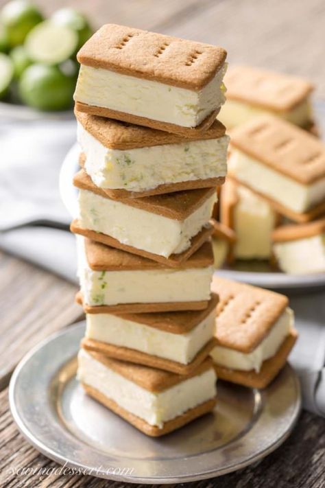 ice cream sandwich recipes Lime Gelato, Key Lime Pie Ice Cream, Pie Ice Cream, Ice Cream Sandwiches Recipe, Creative Dessert Recipes, Lime Desserts, Homemade Graham Crackers, Lime Recipes, Homemade Ice Cream Recipes