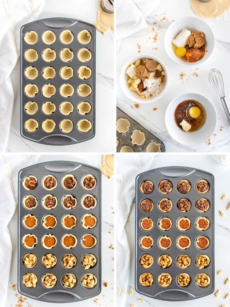 One-Pan Mini Thanksgiving Pies by The BakerMama Thanksgiving Desserts Mini Pies, Baking With Kids Thanksgiving, One Pan Mini Thanksgiving Pies, One Pan Mini Pie Bites, Friendsgiving Baking Ideas, Pie Cupcakes Ideas, Mini Pie Cupcakes, Mini Thanksgiving Food, Kid Desserts Thanksgiving