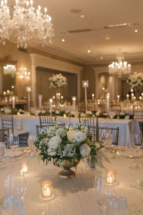 Flowers For Wedding Tables Elegant, Elegant Floral Arrangements Wedding, Elegant White Wedding Table Decor, Romantic Table Decor Wedding, Floral Venue Decor, Formal Wedding Flower Arrangements, Classy Chic Wedding Decor, Wedding Floral Arrangements Blue, Wedding Reception Decorations Indoor Elegant