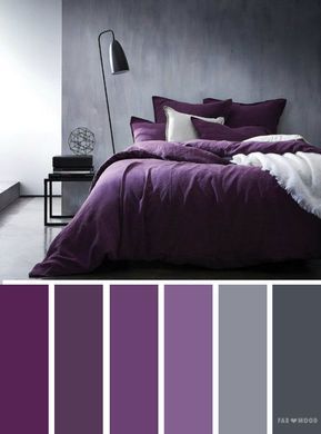 Grey and purple colors/ediblefleurs/debra ponte dusty-smokey deep purple Plum Bedroom, Best Bedroom Colors, Bedroom Purple, Minimalist Dekor, Purple Color Schemes, Purple Bedrooms, Purple Bedroom, Purple Color Palettes, Purple Rooms