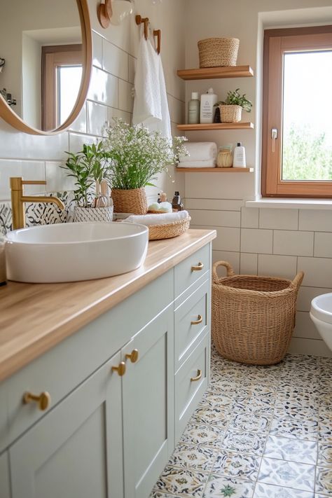 Adding Boho Decor to Your Bathroom Can Make It Much More Relaxing – Everyday Inspo Boho Chic Restroom, Farmhouse Apartment Aesthetic, Bathroom Decor Inspo Aesthetic, Natural Boho Bathroom Ideas, Guest House Bathroom Ideas, Bathroom Relaxing Decor, Warm Cozy Bathroom Ideas, Boho Home Decor Bathroom, Minimalist Boho Bathroom