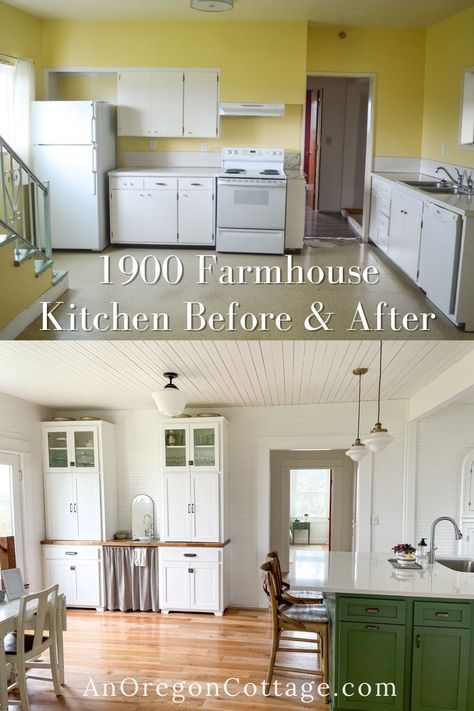 You'll love this kitchen before and after - we restored the farmhouse character while adding function and space to entertain, all mostly DIY and on a budget. Old Farmhouse Remodel On A Budget, Old Kitchen Remodel On A Budget, 1900 Farmhouse, Before And After Renovation, Enclosed Kitchen, Before And After Transformation, Enclosed Porch, Renovation Kitchen, Old Home Remodel