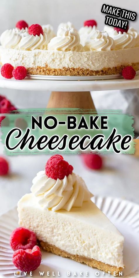 Are you looking for the perfect summer dessert? This no-bake cheesecake from Live Well Bake Often features a homemade graham cracker crust with a creamy and fluffy cheesecake filling. This recipe is simple to make and perfect for any occasion!