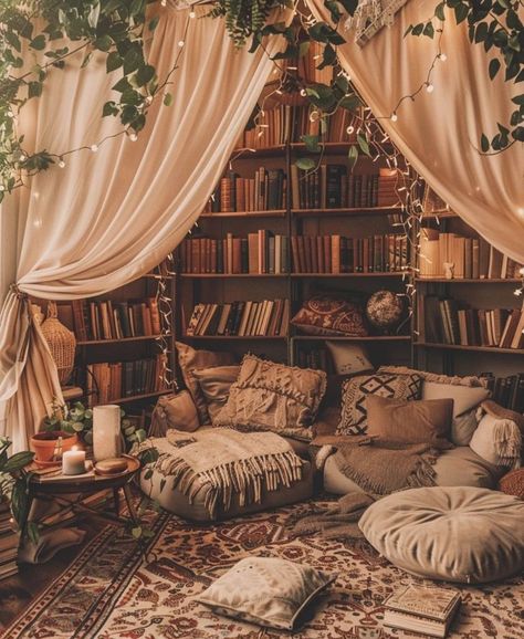 House Decor Cottagecore, Book Nook Bedroom Ideas, Modern Boho Library Room, Library House Aesthetic, Cozy Book Room Ideas, Cottagecore Bookshelf Aesthetic, Apothecary Room Aesthetic, Witches Library Room, Woodsy Library