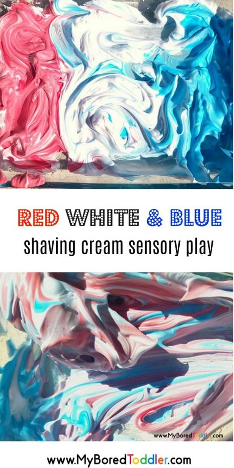 Shaving cream sensory play - red, white and blue