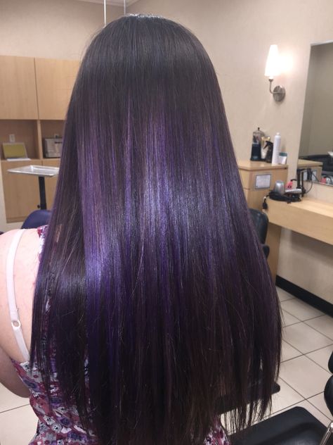 Purple highlights Black W Purple Highlights, Long Black Hair With Purple Streaks, Purple Highlights Black Hair Straight, Straight Hair Purple Highlights, Dark Purple Highlights In Black Hair, Brown Hair With Dark Purple Highlights, Dark Purple Chunky Highlights, Purple Highlights On Dark Brown Hair, Brown Hair With Highlights Purple