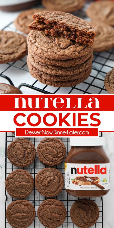 This Nutella Cookies recipe creates moist, brownie-like cookies with a crisp exterior and soft, fudgy interior. Made with plenty of Nutella for that decadent chocolate and hazelnut and flavor. Cookie Recipes Nutella, Vegan Nutella Cookies, Easy Nutella Cookies, Desserts With Nutella Easy, Nutella Recipes Cookies, Nutella Baked Goods, Quick Nutella Dessert, Dessert Recipes Without Vanilla Extract, Nutella Desserts Easy Quick