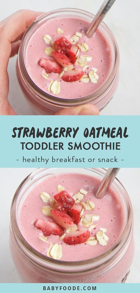 This super easy Strawberry Oatmeal Smoothie is the perfect healthy breakfast for kids and toddlers. Made with strawberries, bananas, oats and chia seeds, this smoothie recipe is packed with a ton of fiber, omega-3 fatty acids, potassium and antioxidants. It's got perfect staying power to fill you up all morning (or afternoon) long. Great for kids, toddlers, parents, and just about anyone else as a delicious and healthy breakfast, snack, or meal replacement. #smoothie #kidfriendly #toddlers Protein Smoothie For Toddler, Fiber Packed Smoothies, Fatty Foods For Toddlers, Fiber Breakfast Ideas For Kids, Oatmeal For Toddlers Breakfast, Fiber Smoothies For Kids, Fiber Filled Meals, Fiber Meals For Kids, Fiber Snacks For Kids