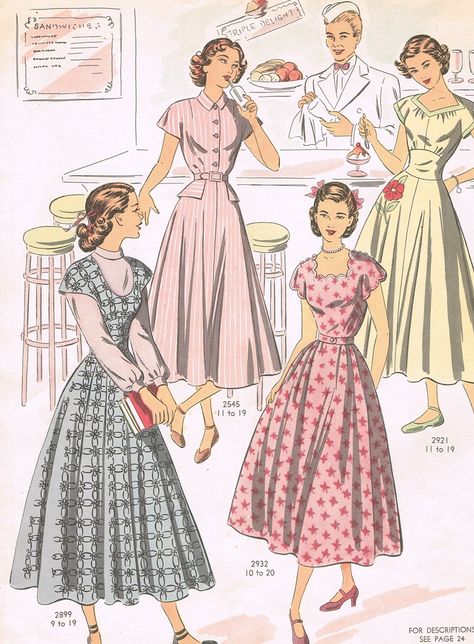 I am beyond smitten with this fantastic soda shop illustration featuring a selection of spring fashions from 1949. #soda #shop #teenagers #spring #vintage #1940s #fashion #clothing #dress 40s Mode, Vintage Fashion Sketches, Vintage Clothes Patterns, Spring Fashions, Vintage Dress Patterns, 1950s Style, 40s Fashion, Retro Mode, 1940s Fashion