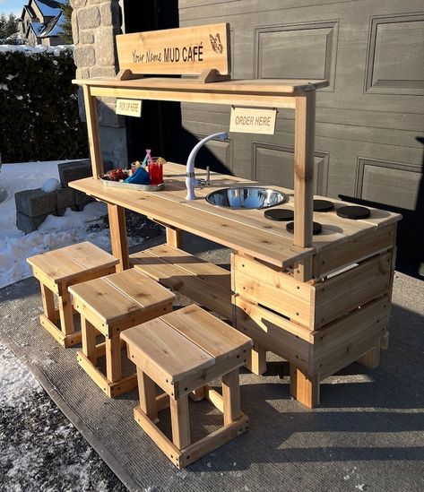 Mud Kitchen Café With Oven and Working Faucet Natural Cedar Wood Mud Kitchen - Etsy Free Mud Kitchen Plans, Diy Play Cafe, Mud Pie Kitchen For Kids, Mud Kitchen Eyfs, Kids Outdoor Kitchen, Easy Mud Kitchen, Mud Kitchen Plans, Simple Mud Kitchen, Mud Kitchen Ideas