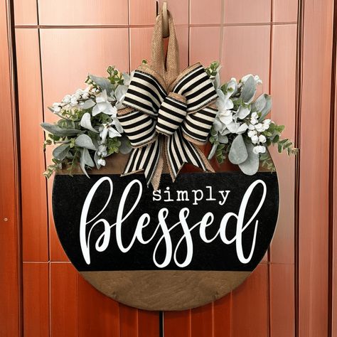 Farmhouse Welcome Door Hanger, Blessed Door Hangers, Colorful Door Hangers, Christian Door Signs, Circular Wooden Signs, Fall Round Wood Signs Diy, Door Round Signs, Circle Welcome Sign Front Door, Wood Round Door Hangers