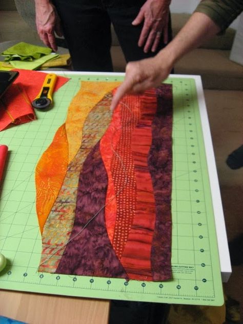 Art Quilt Tutorials, Landscape Quilting Tutorial, Art Quilting Ideas, Wave Landscape Patchwork, Landscape Quilts Tutorial How To Make, Landscape Quilting Ideas, Free Form Quilts, Landscape Quilts Patterns, Sunset Quilt Ideas