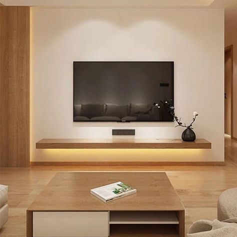 Mounted Tv No Stand, Simple Tv Decor, Simple Tv Shelf Design, Tv Stand Minimalist Modern, Tv Floating Stand, Tv Wall Design With Shelf, Minimal Tv Stand Ideas, Simple Tv Room Ideas, Japanese Style Tv Wall