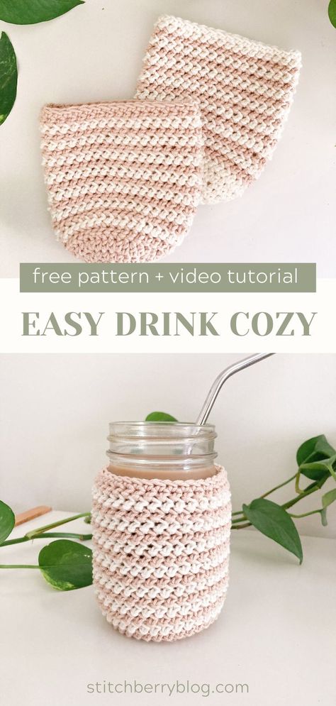 Knit Drink Cozy Pattern, Crochet Drink Coozie, Coozie Crochet Pattern Free, Crochet Can Cozy Pattern, Crochet Patterns Soft Yarn, Crochet Glass Cozy, Coffee Koozie Crochet Pattern, Mason Jar Koozie Crochet, Crochet Coozie Coffee