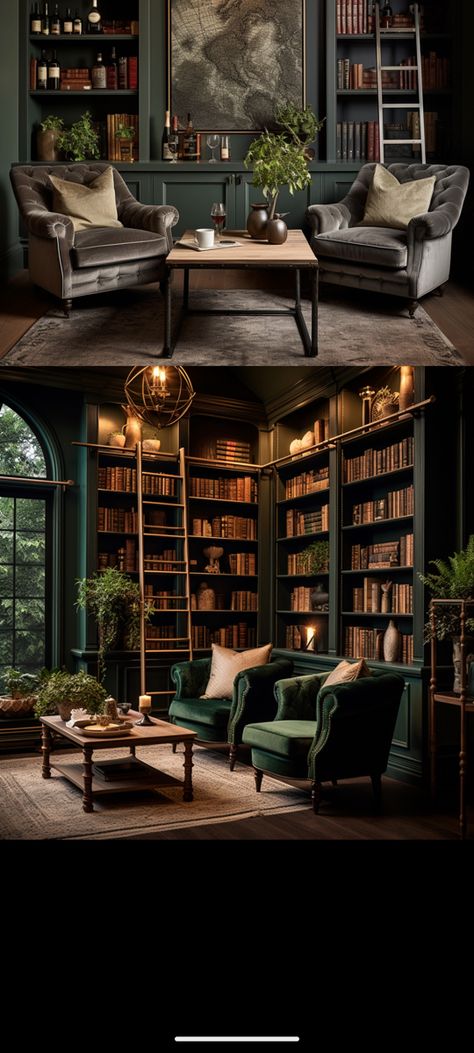 Homes And Gardens Magazine Uk, Masculine Sitting Area, Dark Library Living Room, Dark Green Office Library, Small Home Study Room Ideas, Dark Wall Library, Home Library Rental, Music Room Library Ideas, Library Rug Ideas