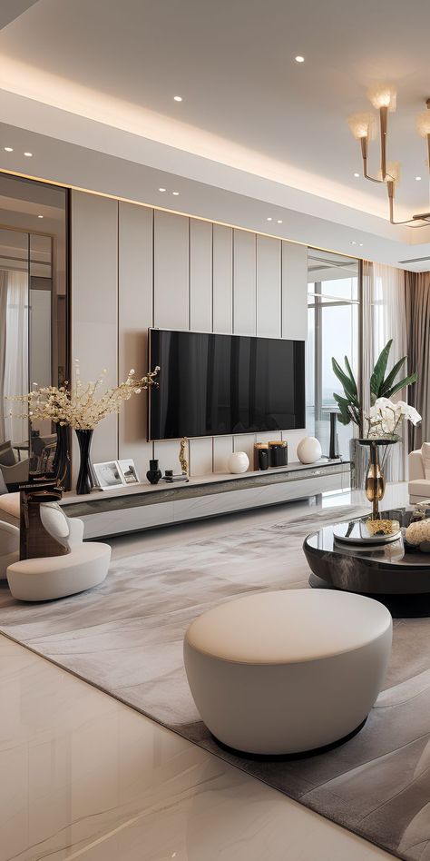 Infuse your large apartment with a touch of opulence through this living room's carefully crafted interior, creating an inviting space that radiates elegance. Sala Grande, Hall Interior Design, Tv Room Design, Hall Interior, Tv Wall Design, Living Room Design Decor, Hall Design, Ideas Living Room, Home Design Living Room