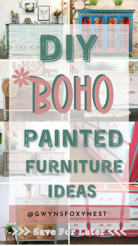 Boho Painted Furniture, Boho Nightstand, Painted Furniture Ideas, Diy Wood Headboard, Bohemian Diy, Boho Bedroom Furniture, Nightstand Makeover, Diy Dresser Makeover, Bohemian Furniture