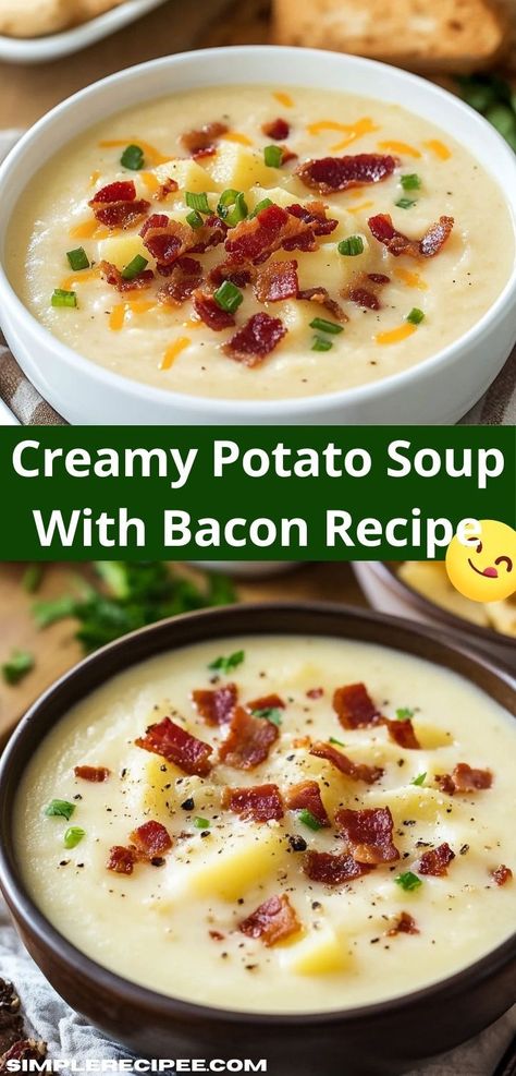 Craving a comforting bowl of soup? This Creamy Potato Soup With Bacon recipe is a flavor-packed delight. It's an easy soup recipe that your whole family will love, perfect for cozy dinners. Creamy Potato Soup With Bacon, Creamy Potato Bacon Soup, Potato Soup With Bacon, Creamy Potato Soup Recipe, Bacon Soup Recipes, Soup With Bacon, Potato Bacon Soup, Loaded Potato Soup, Bacon Potato