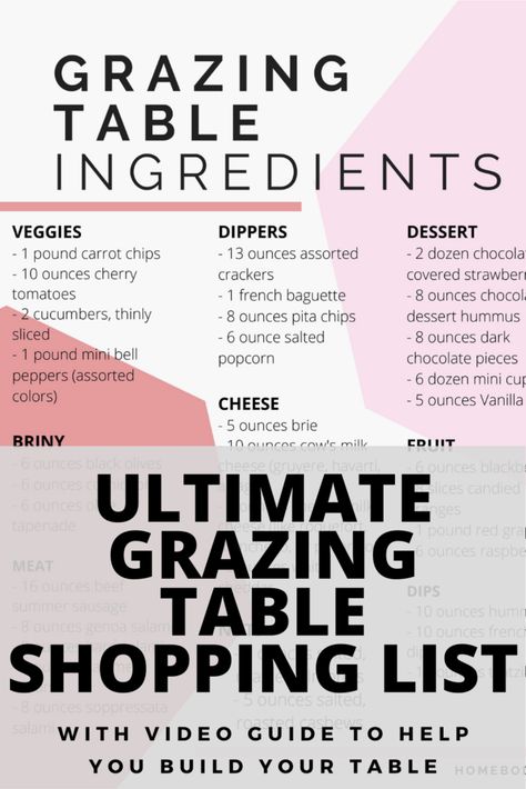 Want to build a grazing table, but don't know what to buy? This is your guide with the ultimate printable grazing table shopping list. This food list includes all the food and exact quantities you'll need for a table that feeds 25 people. Plus, a video to help guide you on the entire process of building your grazing table. Charcuterie Food List, Charcuterie 40 People, Graze Table Shopping List, How To Do A Charcuterie Table, Grazing Table Menu Ideas, Party Food For 40 People, Charcuterie Board Per Person, Grazing Table Food List, Charcuterie Table Shopping List