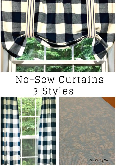 Farmhouse Kitchen Curtains Diy, No Sew Kitchen Curtains, Velcro Curtains Diy, Buffalo Plaid Camper Remodel, Easy No Sew Curtains, Dressing Windows, Rv Curtains, Stenciled Curtains, Camper Curtains