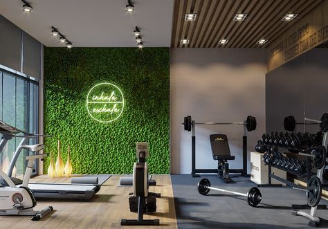 Dream Gym Design, Gym Grass Wall, Gym Designs For Home, Home Gym Ideas Weights, Sport Home Decor, Home Gym Studio Ideas, Gym At Home Decor, Inside Home Gym Ideas, Home Gym Feature Wall