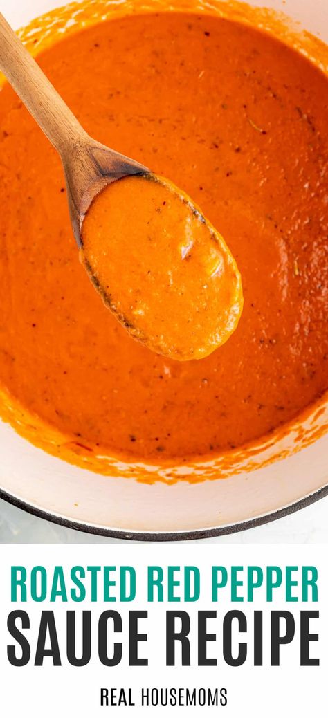 Roasted Red Pepper Sauce is a flavorful sauce that isn't just for pasta! Jazz up everything from pizza to sandwiches and so much more! #Realhousemoms #roasted #redpepper #sauce #savory #roastedredpepper #garlic #onion #basil Bucatini With Rose Red Pepper Sauce, Bell Pepper Pasta Sauce Recipes, Vegan Red Pepper Sauce, Roasted Red Pepper Pizza Sauce, Capsicum Pasta Sauce, Roasted Capsicum Pasta, Pasta With Red Pepper Sauce, Vegan Roasted Red Pepper Sauce, Roasted Pepper Sauce Pasta