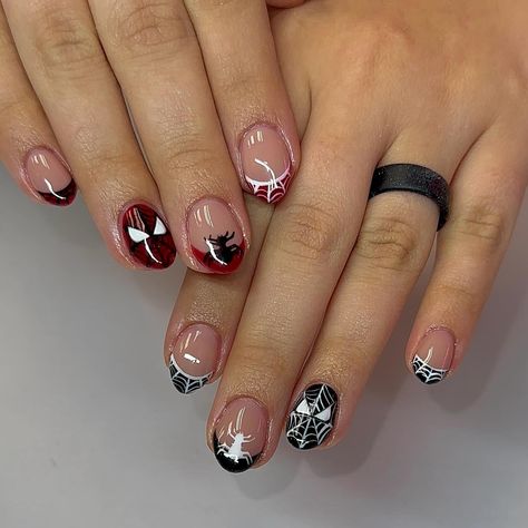 I will never say no to Spider-Man nails 🥹❤️❤️ Builder Gel Manicure : $50 Art x 10 : $45 Total : $95 Spider Man Nails Men, Spider Themed Nails, Almond Spider-man Nails, Short Spider Man Nails, Nail Spider Man, Spiderman Nails Short, Short Spiderman Nails, Simple Spiderman Nails, Spider Man Nails Short