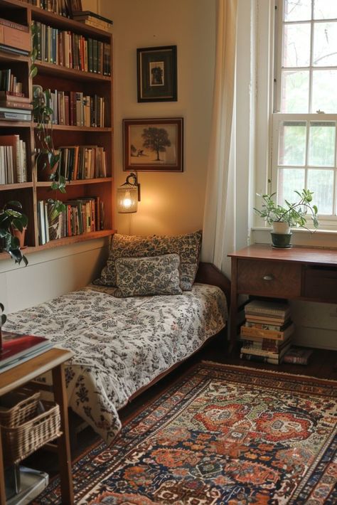 29 Dorm Room Decor Ideas 8 Room Ideas Retro Vintage, Cozy Retro Apartment, Dorm Vintage Aesthetic, Cozy Downtown Apartment, Vintage Aesthetic Dorm Room, Retro Study Room, Cozy Old Home, Museum Bedroom Aesthetic, Academia Dorm Aesthetic