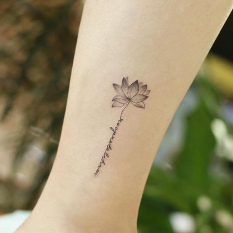 Lotus Flower with Stem Lotus Best Friend Tattoo, Lotus Flower With Words Tattoo, New Beginning Lotus Tattoo, Lotus Word Tattoo, Breathe Flower Stem Tattoo, Lotus Flower Tattoo Dainty, Lotus Flower Name Tattoo, Soft Lotus Tattoo, Lotus With Words Tattoo