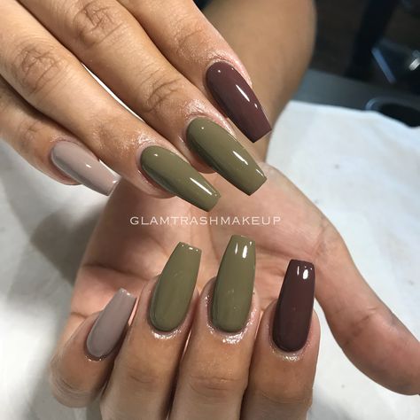 Olive gray brown acrylic coffin square nails Green Brown Nails Acrylic, Nail Ideas Green And Brown, Olive Coffin Acrylic Nails, Brown And Sage Green Nails, Army Green And Brown Nails, Nails Inspiration Green And Brown, Green And Brown Almond Nails, Olive Green And Beige Nails, Green Olive Nails Designs