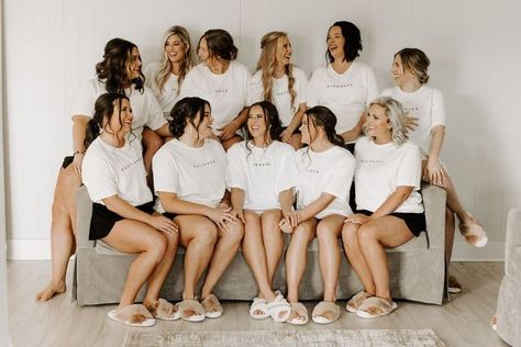 wedding party getting ready tshirts - Google Search Getting Ready T Shirts Wedding, Bridal Party Prep Outfit, Getting Ready Oversized Shirts, Oversized Tshirt Bridal Party, Get Ready Shirts For Wedding, Oversized Tshirt Bridesmaid Getting Ready, Plus Size Getting Ready Outfit Wedding, Getting Ready Wedding Photos Bridesmaids Outfit, Getting Ready Pictures Bridesmaids