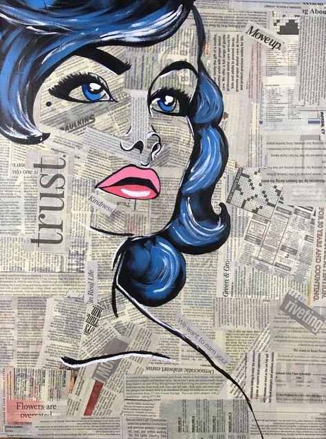 Pop Art Newspaper | Paper Mache Pop Art | Pop Art Inspiration Ideas on Canvas | Acrylic Painting on Canvas Newspaper Drawing, Newspaper Painting, Pop Art Face, Art Expressions, الفن الرقمي, Pop Art Drawing, Newspaper Art, Pop Art Canvas, Paper Mache Art