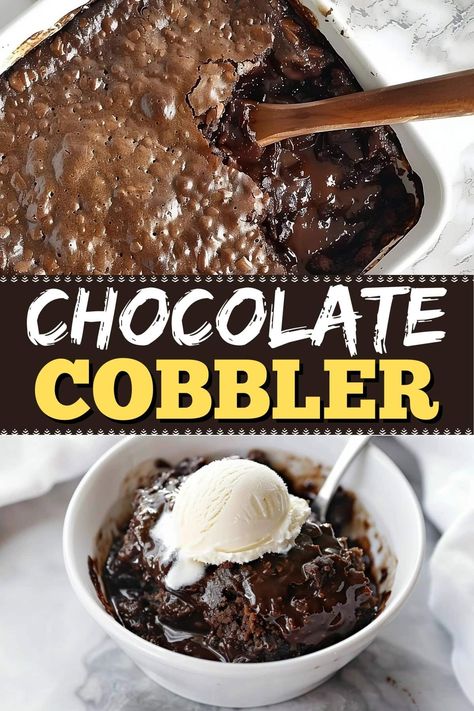 This indulgent chocolate cobbler is like a cross between a fudgy brownie and molten lava cake. It's pure decadence in every bite, and I know you'll love it. Easy Simple Chocolate Desserts, Brownie Cobbler, Chocolate Cobbler With Box Cake, Chocolate Cobbler Easy, Large Crowd Desserts, Chocolate Cobbler For One, Gluten Free Chocolate Cobbler, Southern Chocolate Cobbler Recipe, Date Night Desserts For Two