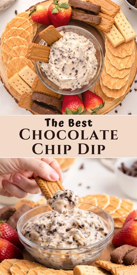 chocolate chip dip in a serving bowl and with a cookie. Dips And Desserts Party, Cherry Chocolate Chip Dip, Sweet Crockpot Dip, Chocolate Chip Fruit Dip, Game Day Dessert Dips, Good Finger Food Desserts, Holiday Chips And Dip, Chocolate Chip Dip With Graham Crackers, Desert Dip Charcuterie Board