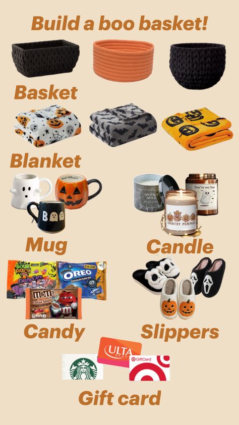 All Things Fall And Halloween, Halloween Boo Basket Ideas For Boyfriend Diy, Fall Self Care Gift Basket, Boo'd Basket Ideas, Cute Boo Baskets For Boyfriend, Stuff To Be For Halloween, Boo Baskets Ideas For Boyfriend, October Basket Ideas, Falling For You Gift Basket