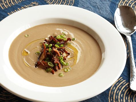 Vegan Cream of Mushroom Soup With Crispy Shiitake Chips | Serious Eats : Recipes Mushroom Soup Plating, Vegan Cream Of Mushroom Soup, Vegan Cream Of Mushroom, Creamy Mushroom Soup, Vegan Cream, Cream Of Mushroom Soup, Cream Of Mushroom, Food Lab, Vegan Soups