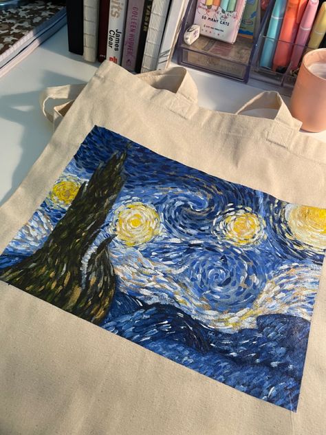 Starry night painting on a tote bag, cool artistic affordable tote bag for sale Starry Night Tote Bag, Decorating Tote Bags Ideas, Painted Tote Bag Aesthetic, Custom Tote Bag Aesthetic, Aesthetic Tote Bag Painting, Painting On Tote Bags, Tote Bag Art Painting, Tote Bags Painting, Painted Tote Bag Ideas