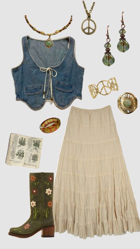 70s boho hippie outfit #outfitinspo #vintage #hippie #boho #70s 70s Vibes Aesthetic Outfit, Hippy Clothing Aesthetic, Country Hippy Outfits, 70s Aesthetic Women, 70s Woodstock Fashion, Boho Shein Outfits, Hippie Clubbing Outfits, Southern Bell Outfits, Hippie Cottagecore Outfits