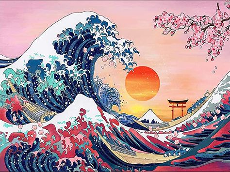 The Great Wave Diamond Painting for Adults Beginners,Japanese Ocean Wave with Cherry Blossom Tree Backdrop Sunset Round Full Drill for Gift and Home Wall 12x16inch Ocean Wave Painting, Monte Fuji, Mont Fuji, Japanese Waves, The Great Wave, Wave Painting, Hur Man Målar, Wave Art, Japanese Painting