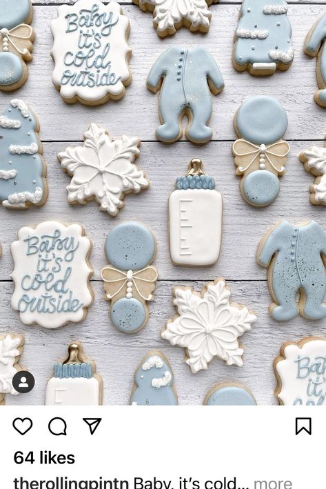 Winter Gender Reveal Cookies, Baby It's Cold Outside Baby Shower Cookies, Winter Wonderland Theme Baby Shower Boy, Baby Its Cold Outside Baby Shower Ideas Blue, Winter Baby Shower Dessert Table, Winter Baby Shower Cookies For Boy, Blue Christmas Baby Shower Ideas, Baby It’s Cold Outside Boy Baby Shower Theme, Baby It’s Cold Outside Sugar Cookies